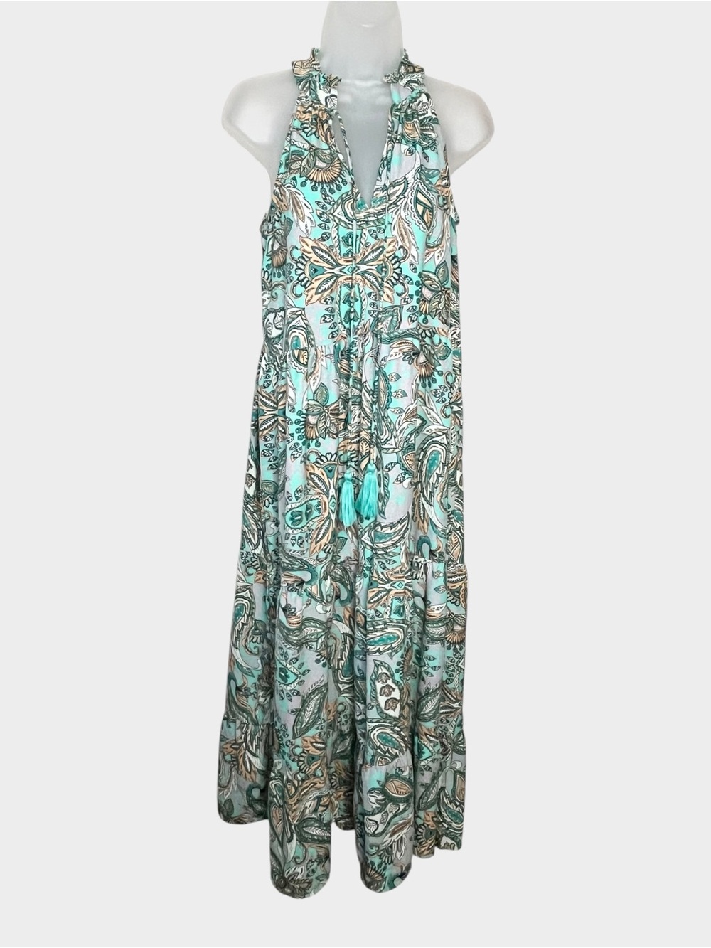 HARLOW & ROSE Aqua Paisley Halter Maxi Dress with Tassel Tie Size Small - Picture 2 of 7